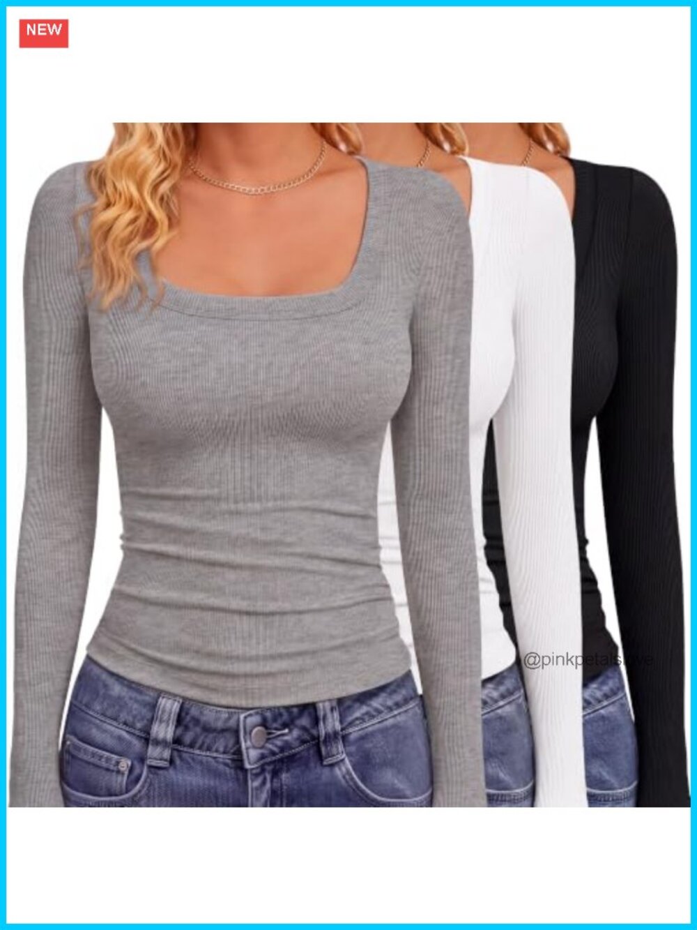 GAYHAY 3 Pack Long Sleeve Shirts for Women Square Neck Fitted Ribbed Tops